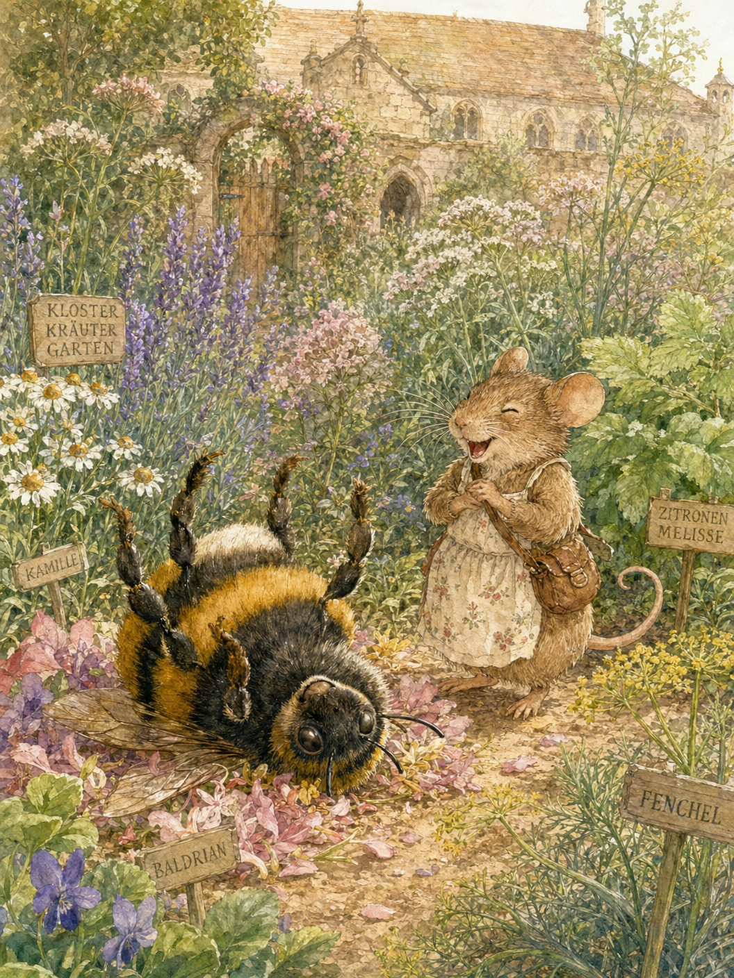 Hugo die Hummel liegt kopfueber im Blumenbeet